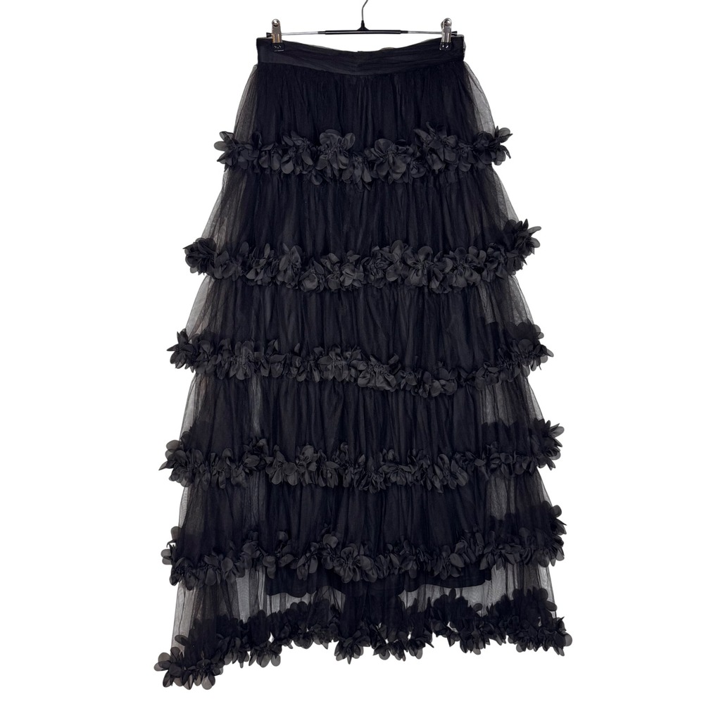 Faeriesty Whimsigoth Dark Fairy Black Tulle Tiered Maxi Skirt 3D Floral Sz L - Picture 2 of 10
